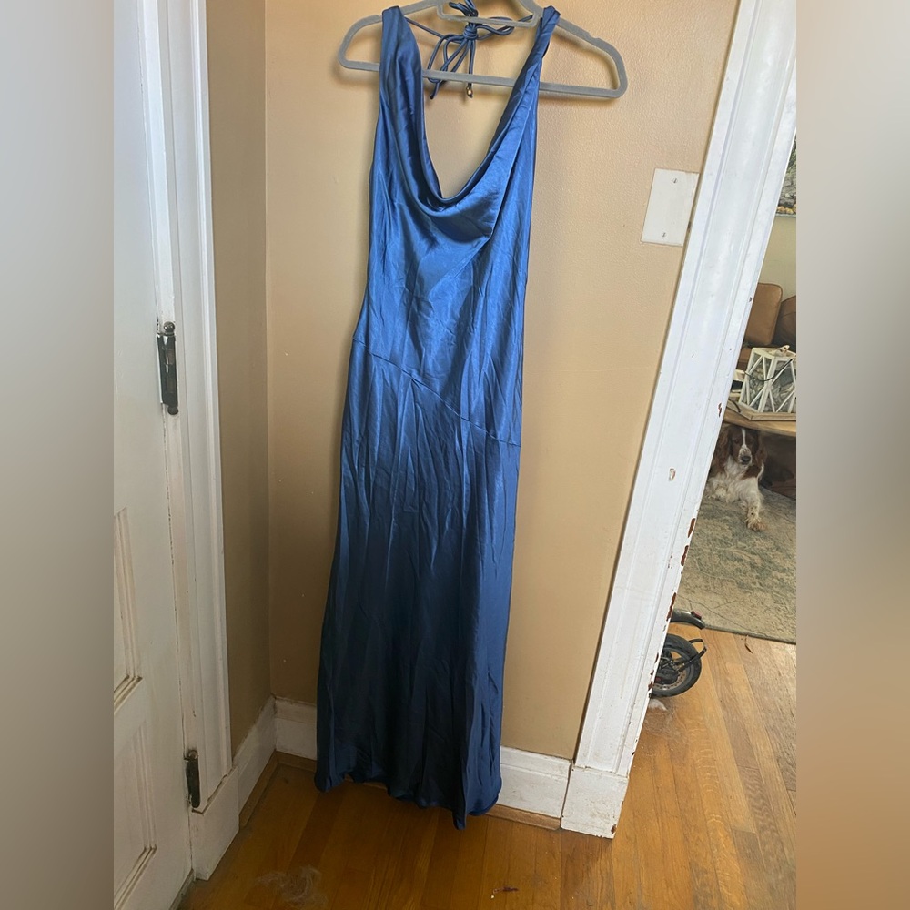 Selfie Leslie Navy Satin Maxi Dress Sz L NWT